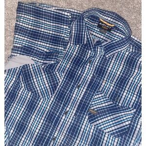 Ariat Rebar Built To Last Plaid Check Flannel Mens Large Blue/White Nylon Blend